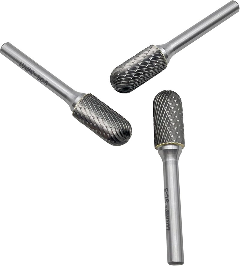 LU&MN Tungsten Carbide Burr Cylinder Shape SC-5 with Radius End Double Cut Rotary Burr File (1/2" Cutter Dia X 1"Cutter Length) with 1/4'' shank,3PCS - Image 3